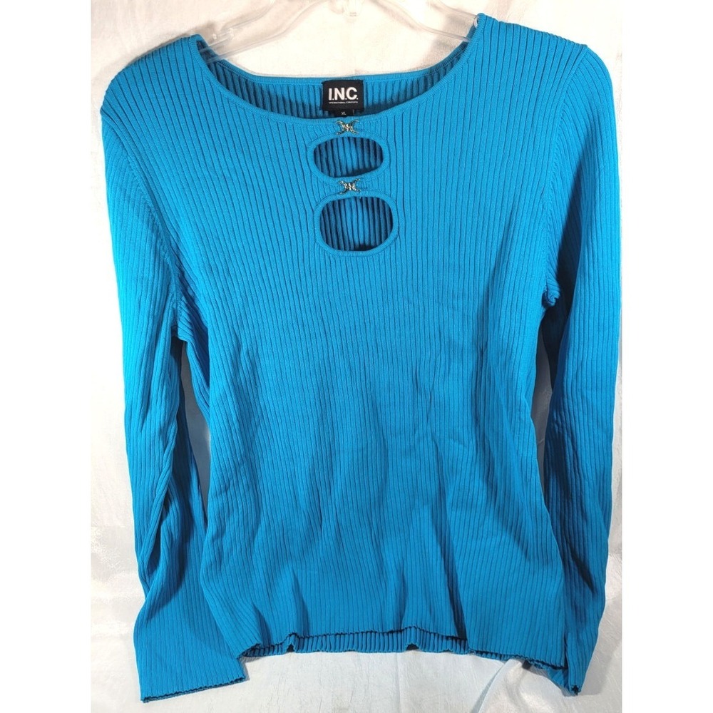 I.N.C. Women's Double Cutout Keyhole Ribbed Long Sleeve Top - Caribbean Blue XL